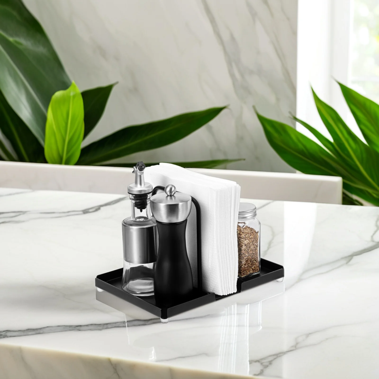 Modern Aluminum Napkin Rack Kitchen Organizer Spice Holder Condiment Caddy Vertical Storage Shelf Countertop Decor Flat Bottom