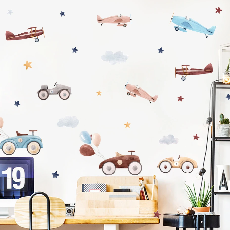 Cartoon Car Balloon Stars Nursery Sticker Watercolor Removable Children Poster DIY Wall Decals Art Print Kids Bedroom Home Decor