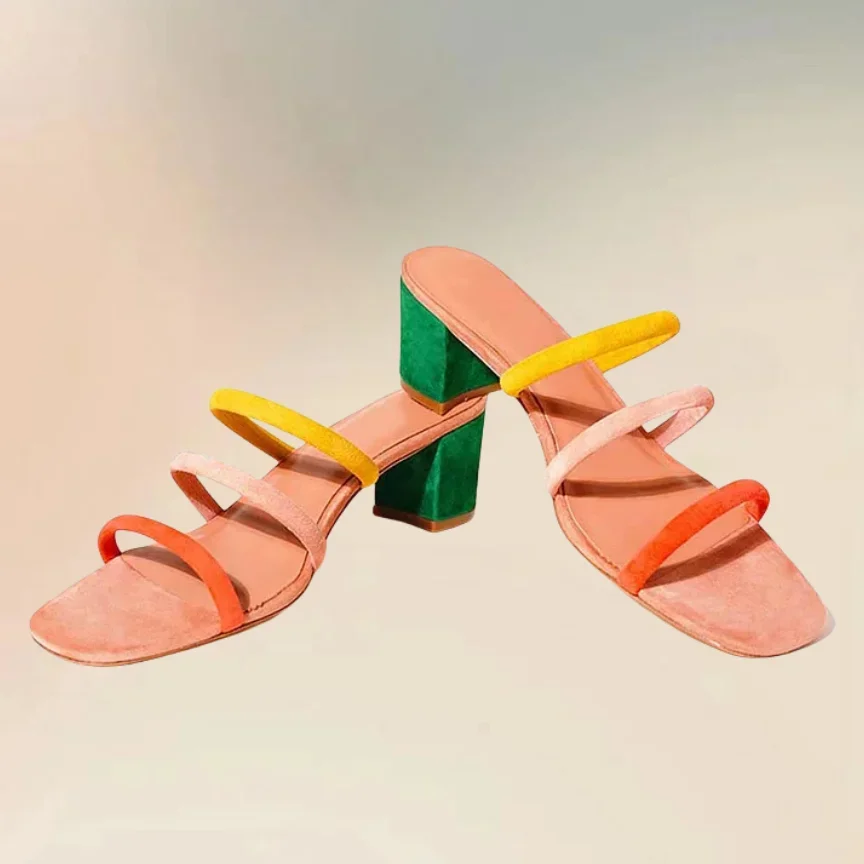 Colorful Flock Strappy Open Toe Slippers Slip On Women Shoes Chunky High Heels Dating Party Banquet 2026 Zapatos Para Mujere