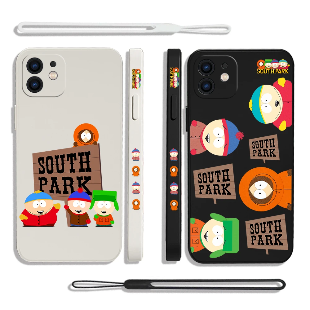 Funny S-South-Park Phone Case For iPhone 16 15 14 13 12 11 Pro Max Mini X XR XSMAX 8 6S Plus Soft Silicone Cover With Hand Strap