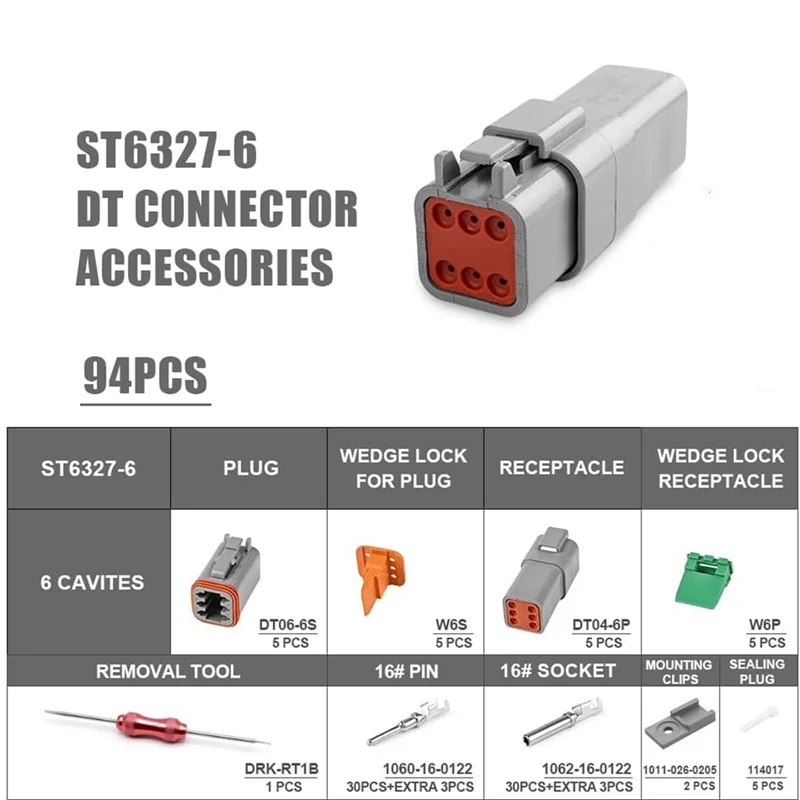 

J1UL1N 5 Set DT Connector Kit, Waterproof DT Connector, Size 16 Stamped Contacts, Seal Plugs For Car, Truck, Motorcycle