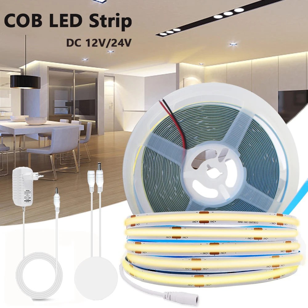 12V 24V Touch Dimmer COB LED Strip Light Hand Sweep Induction Switch US EU Power Kit Flex 320LEDs Tape Kitchen Bedroom Lighting