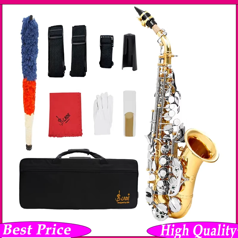 SLADE Bb Soprano Saxophone Yellow Brass Tube Body Flower Carving White Shell Buttons Gold Silver Key Woodwind Instrument