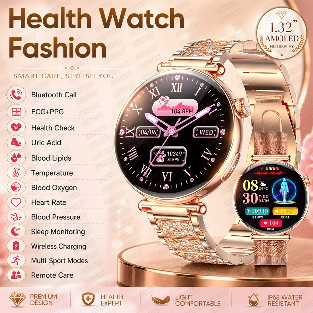2026 New Women Fashion Health Smart Watch ECG+PPG Body analysis Blood Pressure Health Monitor IP68 Sports Voice Call Smartwatch
