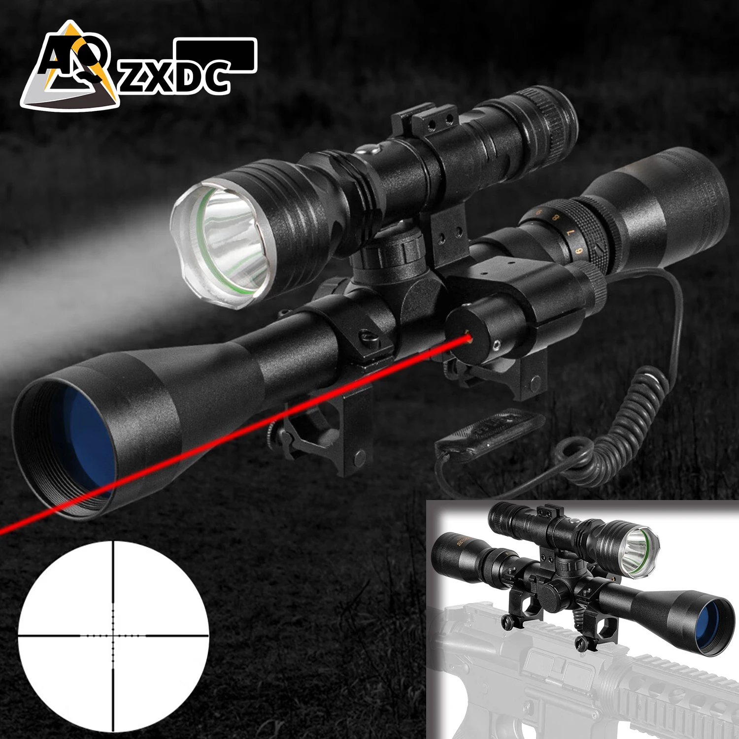 

3-9X40 Duplex Optical Hunting Rifle Scope Combo with Red Dot Laser Sight and Torch, Tactical Flashlight for Hunting or Shooting