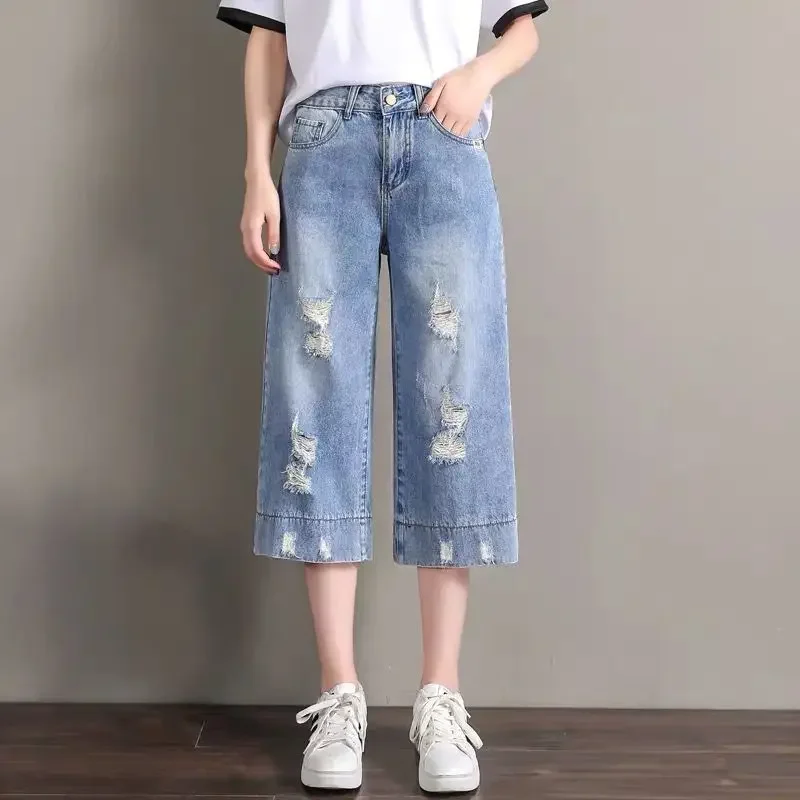 

Summer Ripped Jeans Street High Waist Wide-leg Pants Fashion Seven Points Women Loose Broken Hole Ladies Casual Shorts U157