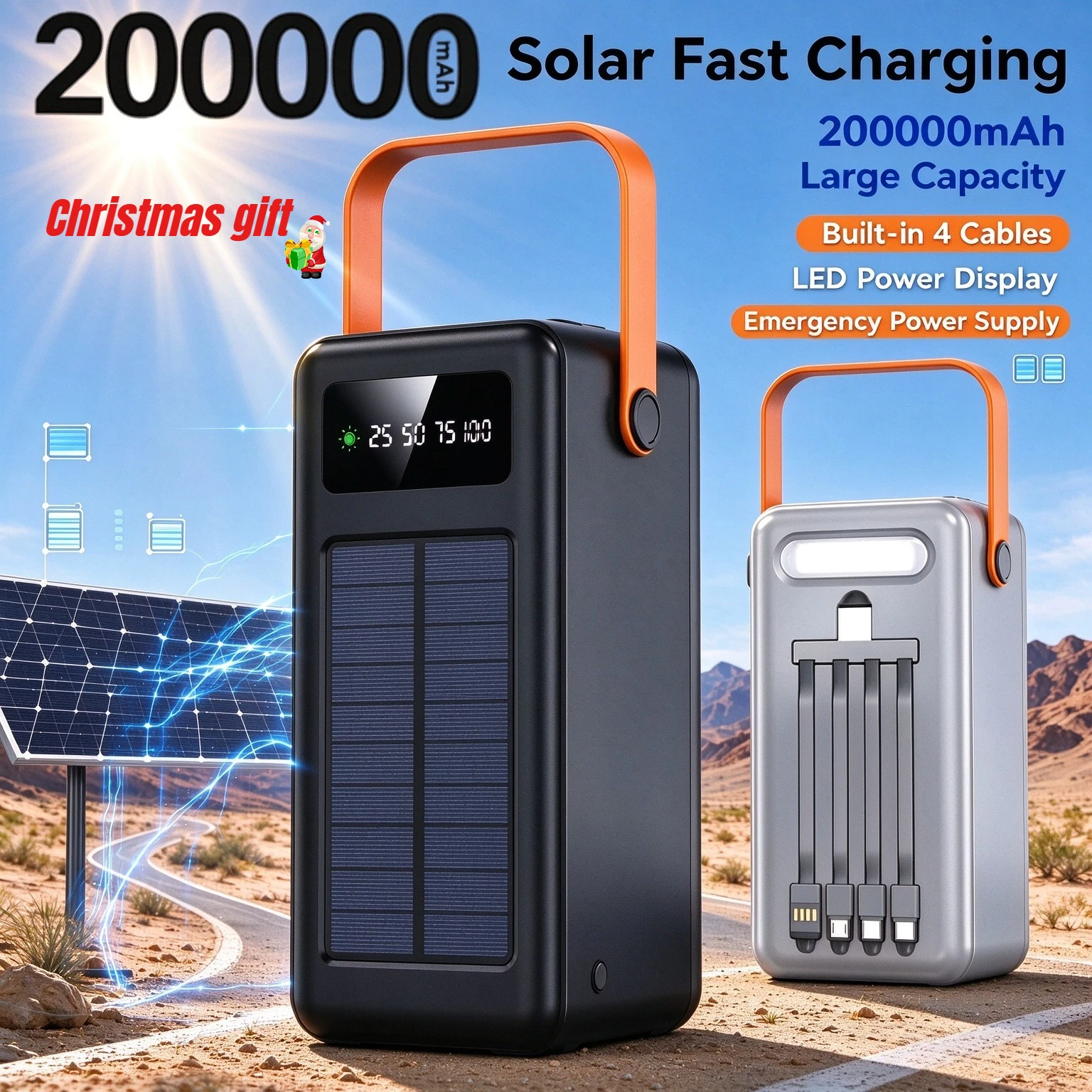 Fast charging 200000mAh Solar Panel Power Bank Power Station With Four Wire External Battery Pack With Flashlight For Outdoors