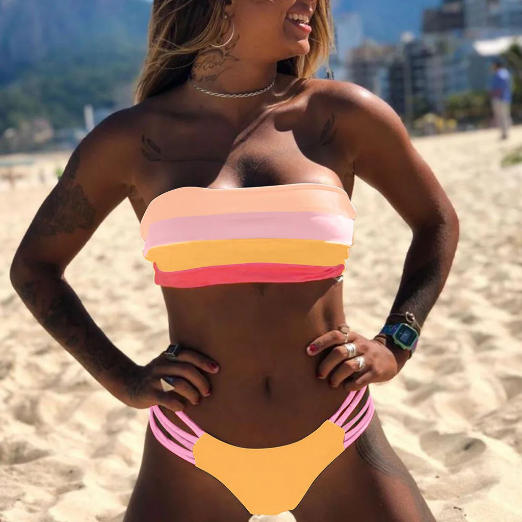 Bikini brasileño a rayas de colores para mujer, traje de baño con sujetador acolchado de realce, ropa de playa, novedad de 2023