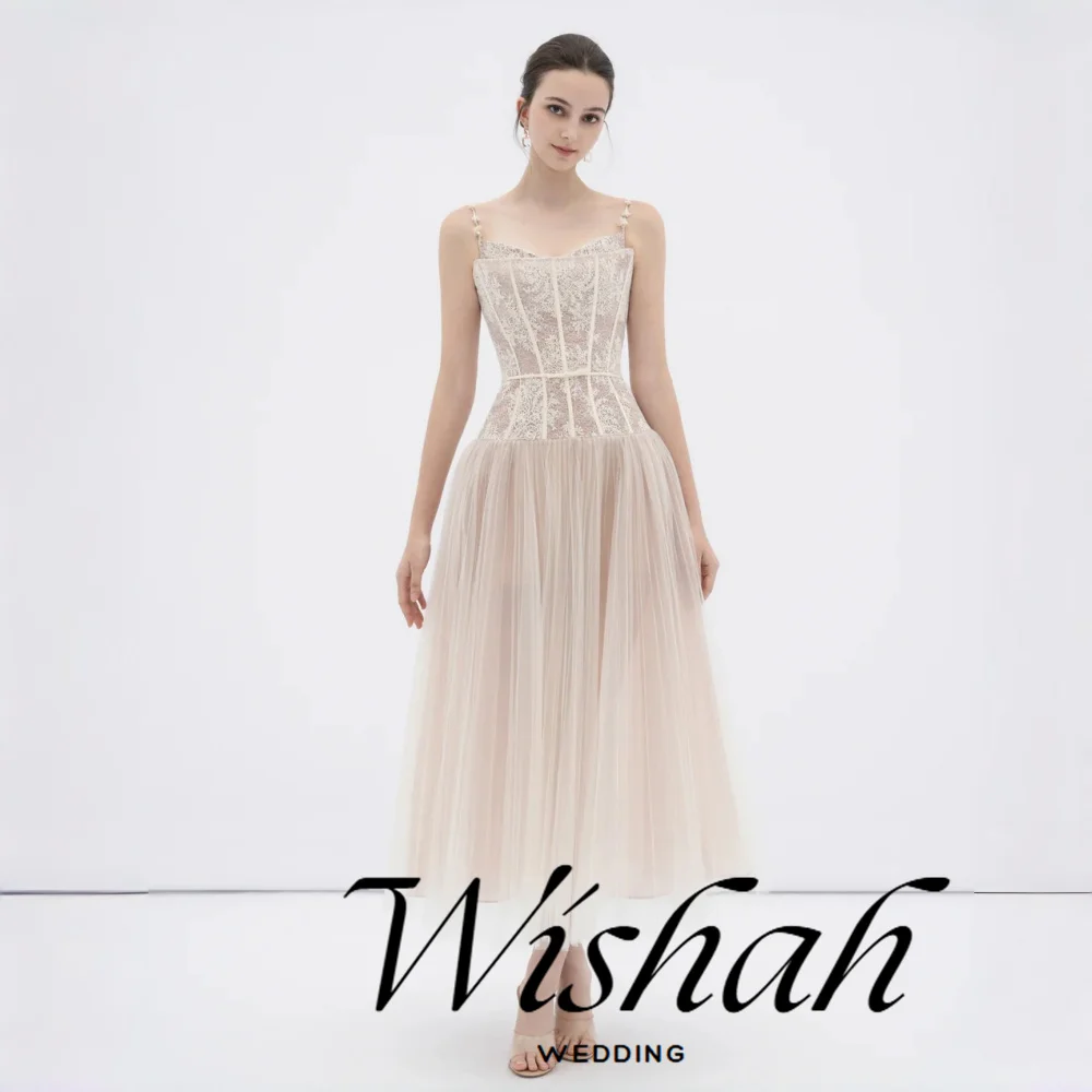 Wishah Customized Weeding Dress Spaghetti Strap Sleeveless Flower Lace Pleated Tulle Sashes Bow Bridal Gown Vestido De Novia