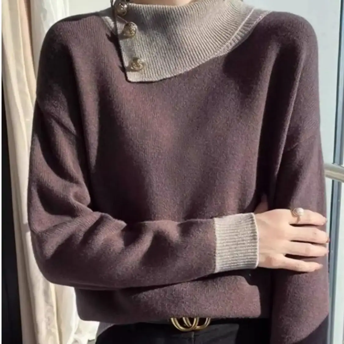 

Autumn Winter Sweater Y2K Women Patchwork Women Pullover Contrast Color Pullover Casual Korean Style Top Loose Women Top