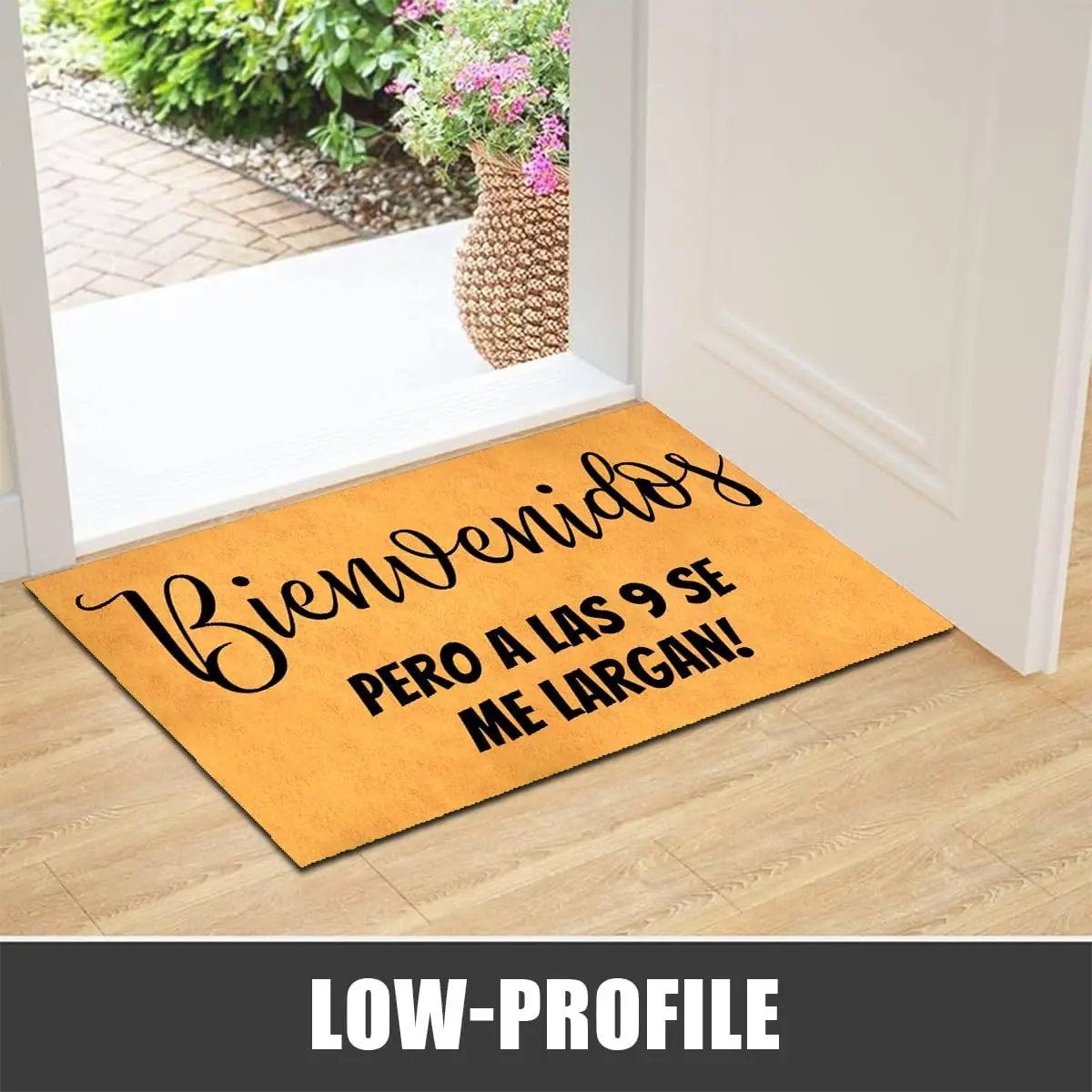 Bienvenidos Pero a Las 9 Se Me Largan Doormat Mat Rubber Back Funny Spanish Welcome Humor Front Door Mat Porch Greeting Rug