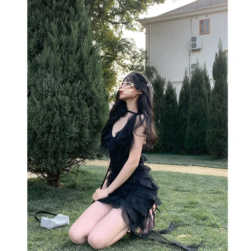 Summer Women\'s Suspender Dress Sleeveless Holiday Romantic Sexy Style Korean Fashion Irregular Black Chiffon Short Skirt Dress