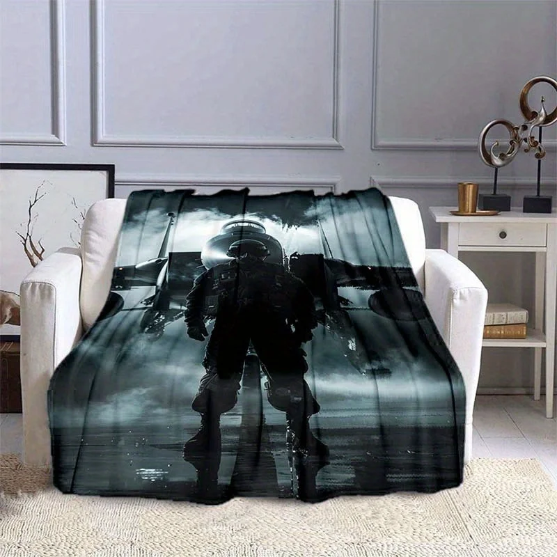 1pc, High Quality and Eye-catching Creative F-22 Fighter Jet with Pilot Graphic Print Blanket, Perfect for Your Comfortable and