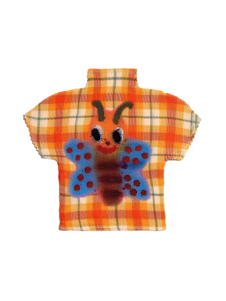 

Orange plaid butterfly graffiti short-sleeved t-shirt women's summer y2k hottie pleated elastic slim-fit short top