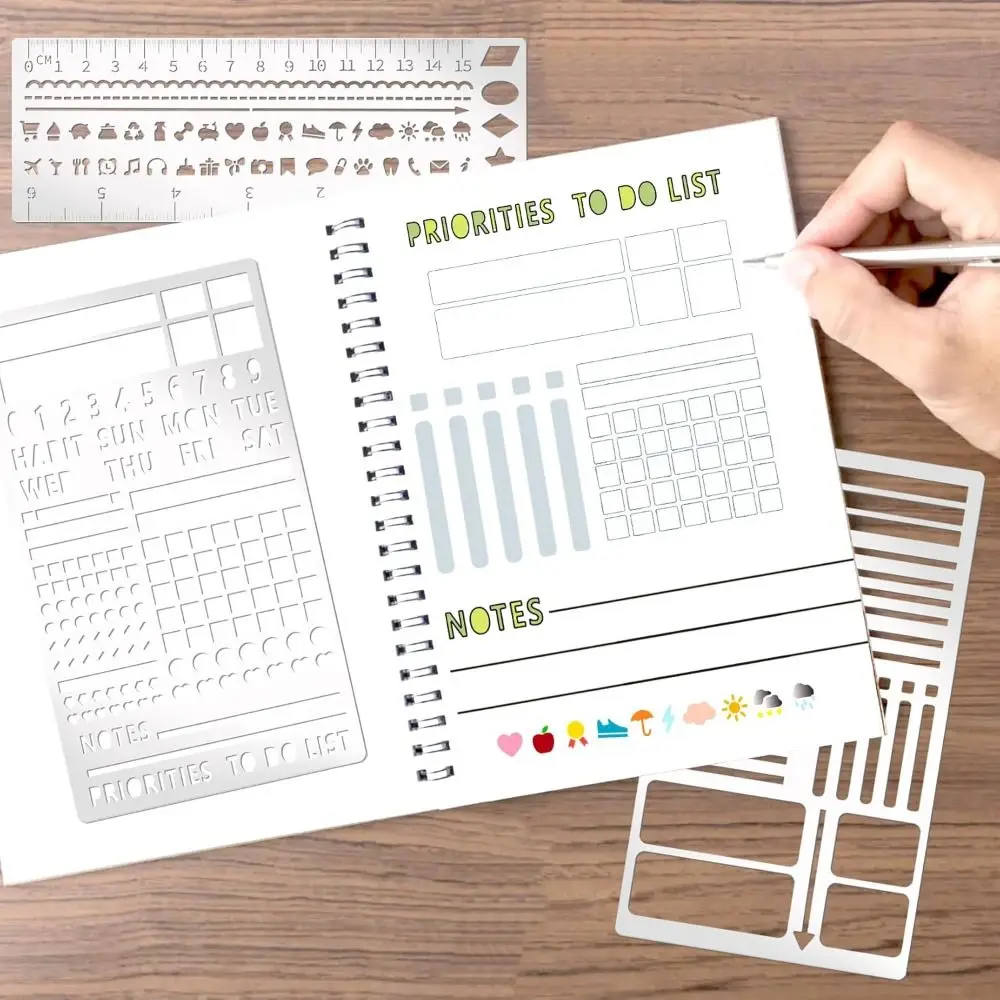 4 Pieces DIY Accessories DIY Metal Planner Stencil Reusable Rust-proof Letter Template Planner Ruler Scrapbooks