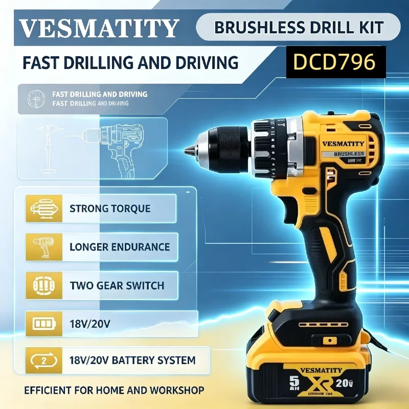 Vesmatity DCD796 Compact Cordless Brushless Impact Drill LED Light Powerful Multifunctional Electric Power Tool 20 Volt Battery
