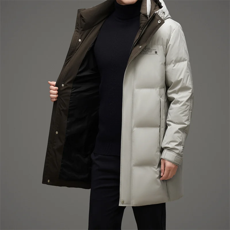 Casual 2024 Winter Men\'s Mid-Length Hooded White Duck Down Jackets Outwear Windproof Warm Puffer Coats Loose Thick Down Clothing