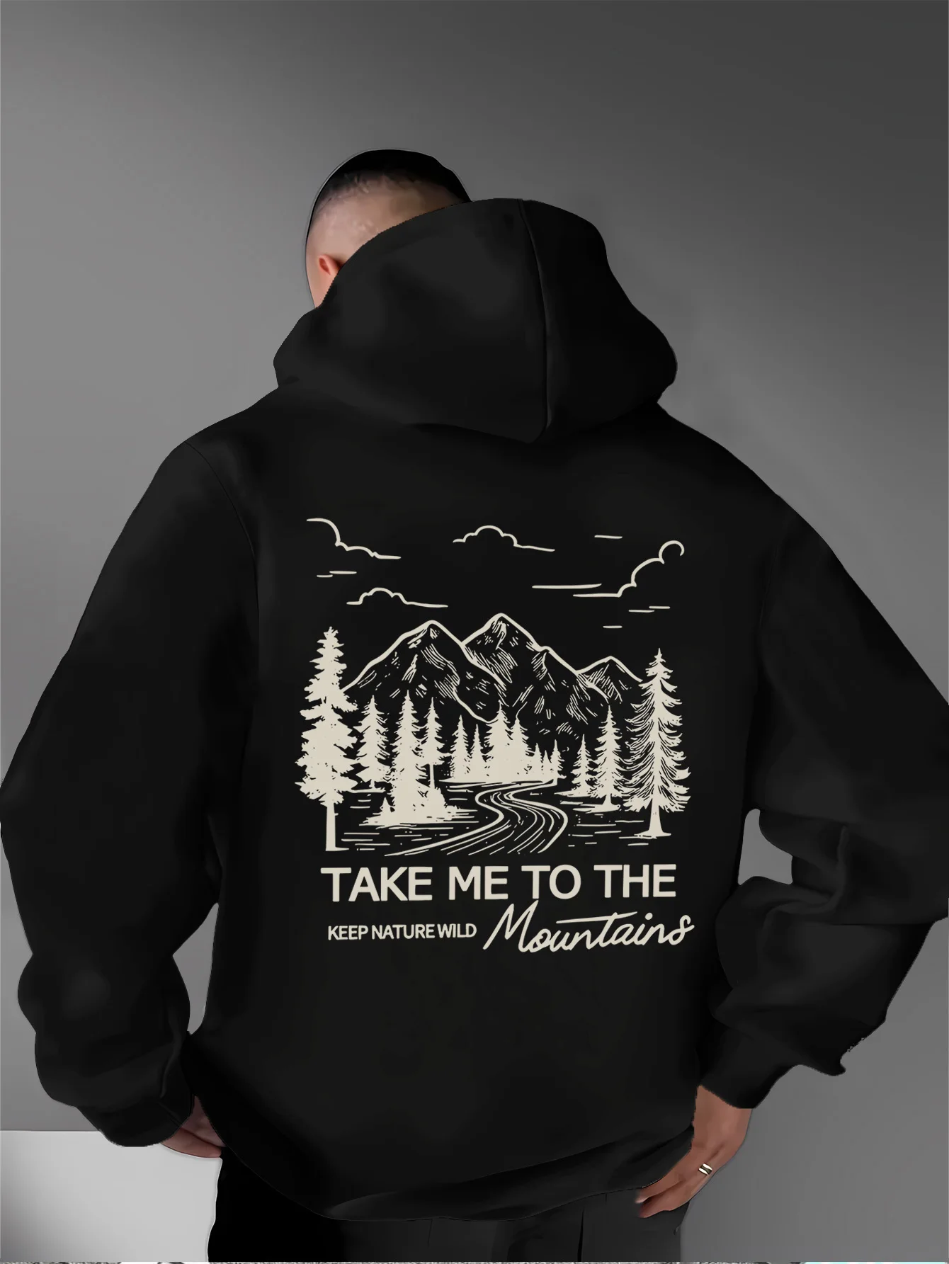 Men's Take Me To The Mountains Back Print Pullover Hoodie, Mountain Forest Wilderness Slogan Graphic Hooded Sweatshirt, Kangaroo Pocket Loose Fit Hiking Outdoor Streetwear