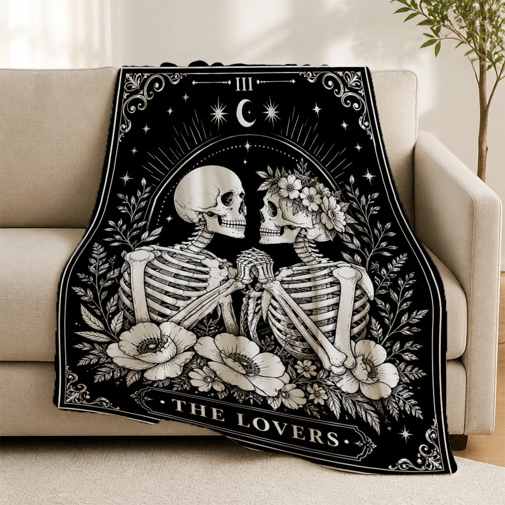 Dark Gothic Skeleton Lovers Throw Blanket Couch Decor Halloween Aesthetic Couple Gift Throws Cozy Bedding Home Accent