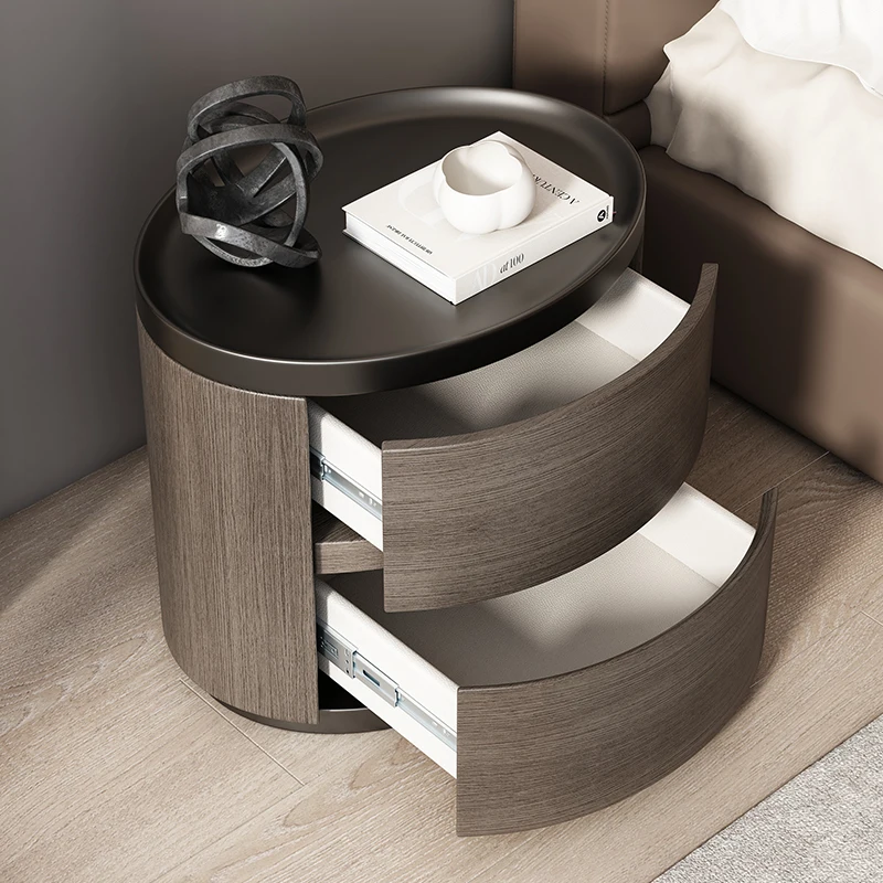 Modern wabi sabi simple light luxury high-end 2026 new solid wood walnut pattern leather bedside table storage 2 drawers