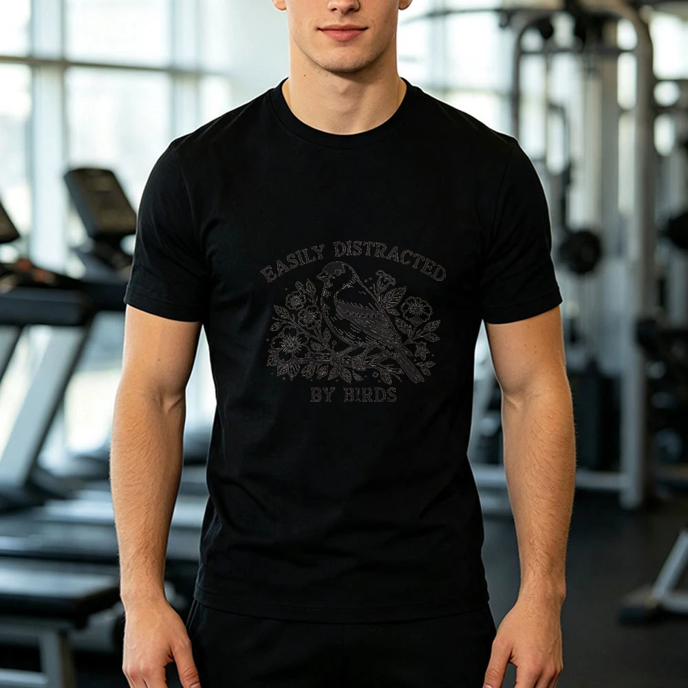 Vintage Black And White Engraving Style Easily Distracted By Birds Quote Print Male White T Shirt Classic Monochrome Tee