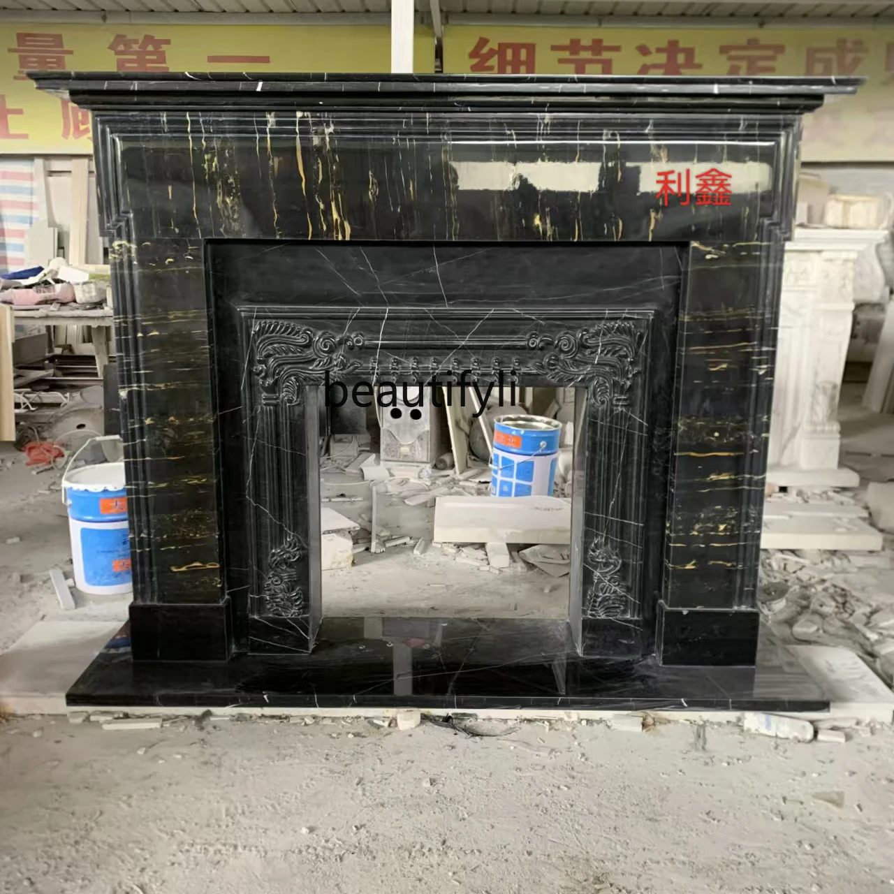 

French fireplace marble mantel black gold flower stone retro living room