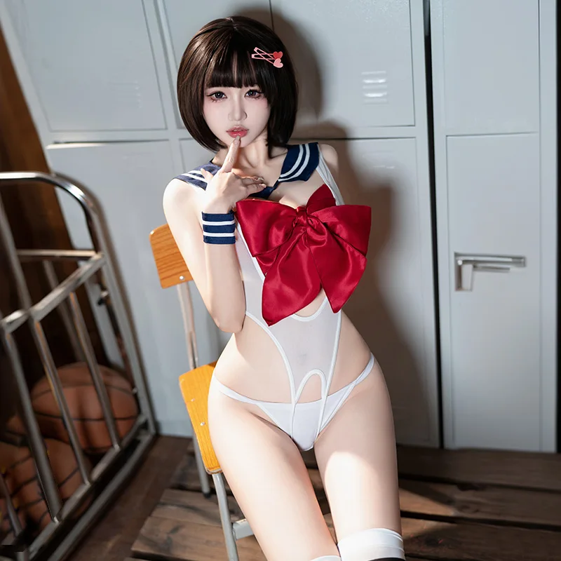 LISM-Conjunto de lencería Sexy de marinero para mujer, mono azul marino blanco transparente + minifalda con lazo rojo, traje erótico de juego de rol