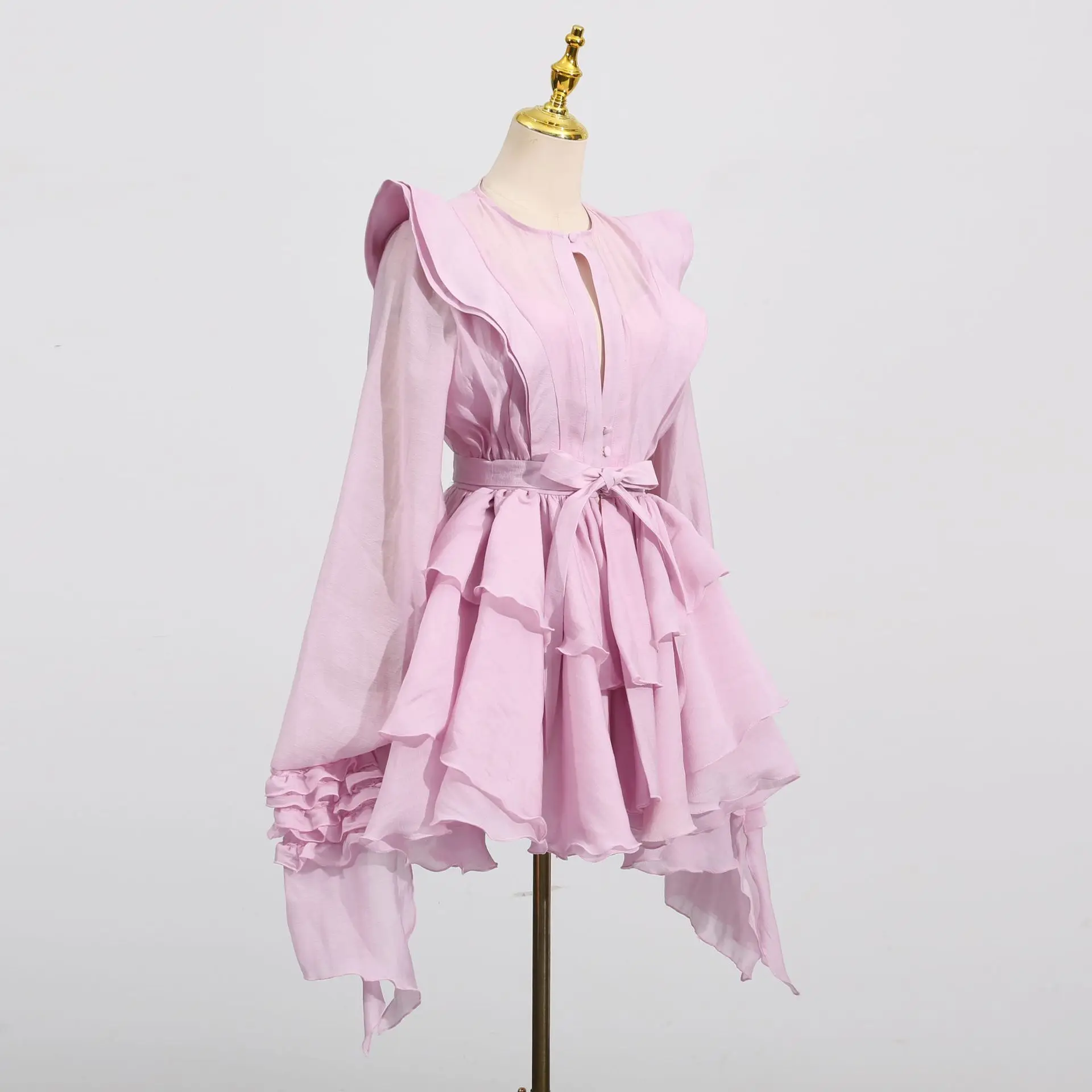 Temperamento elegante socialite mini vestidos femininos cor sólida babados mangas balão irregular em camadas festa vestido curto feminino