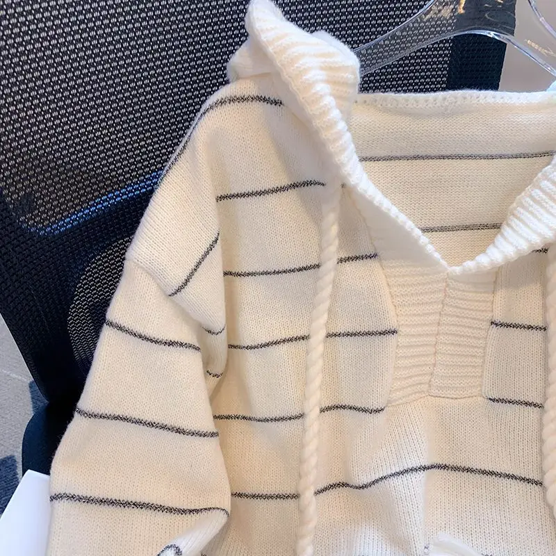 Hooded Pullovers for Women Kawaii Striped Autumn Students Causal Loose Sweaters Japan Style All-match Knitting Fashion Campus