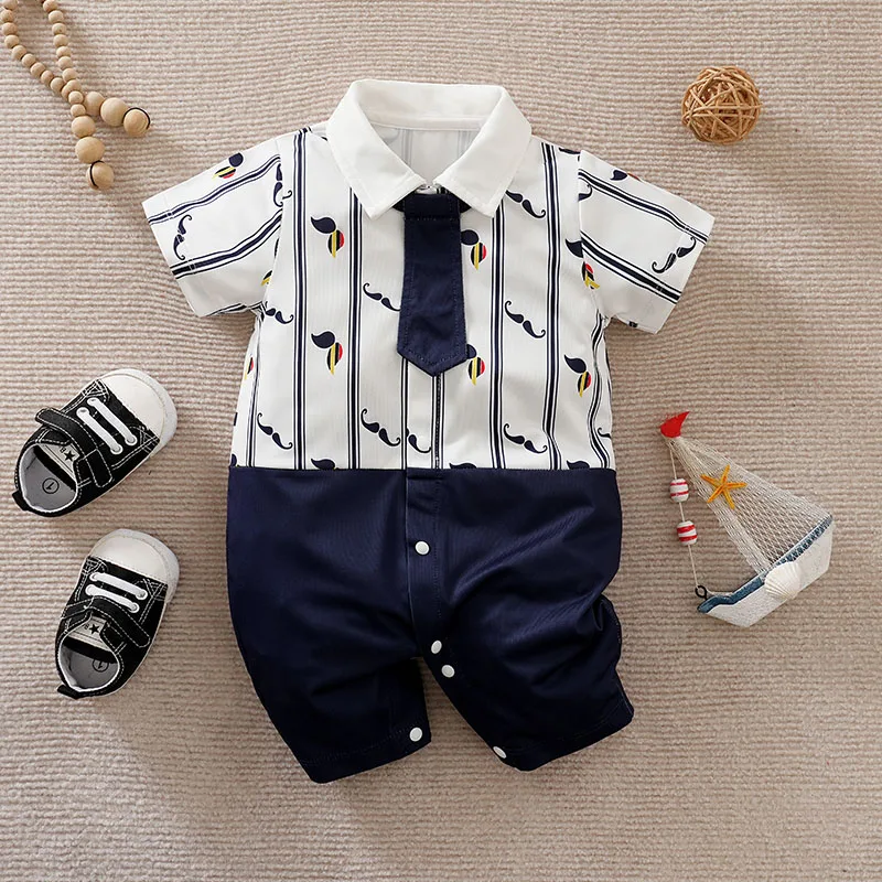 

Newborn BabyBoyGirl Toddler Clothing Jumpsuit Casual Cute Cartoon Vertical Beard Summer White Contrasting Short Sleeved Jumpsuit