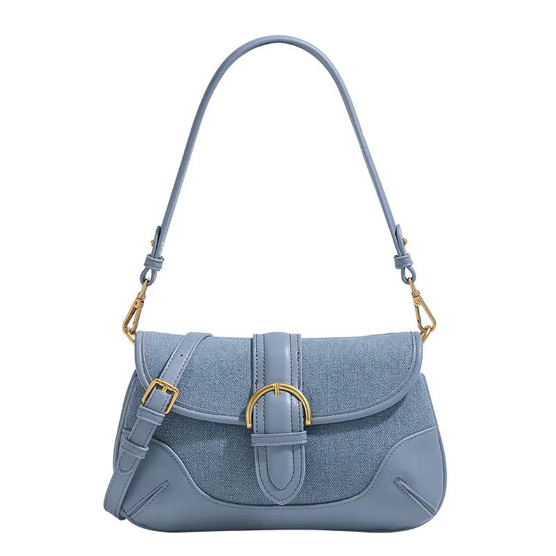 

New Faionable Blue French Bread Bag Women's oulder Bag Versatile Handbag Commuter Crossbody Bag Soft PU Leather Bag