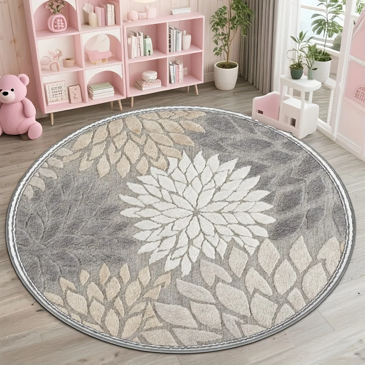 Elegant Round Distressed Green and Beige Oushak Style Area Rug for Living Room Decor
