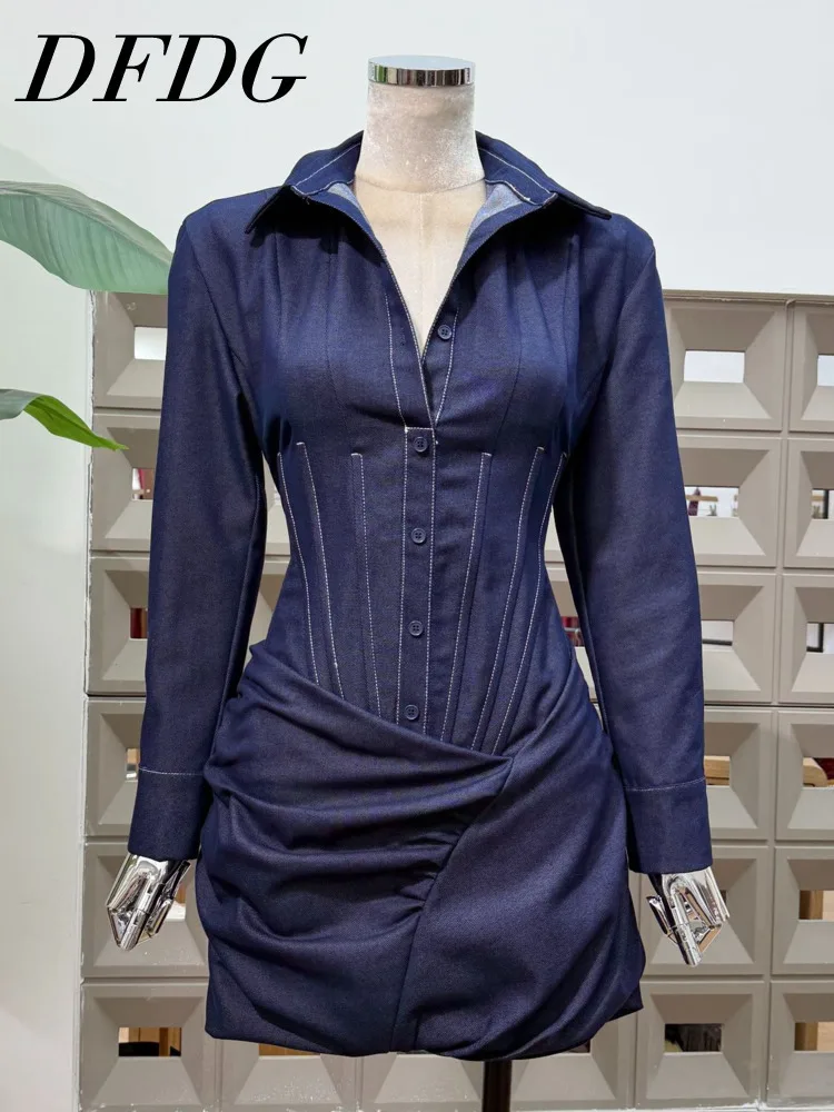 DFDG Abito da ufficio primavera estate 2025 da donna Denim Blu finto in due pezzi con vita disossata Abito camicia a tubino increspato Abito dal design artigianale