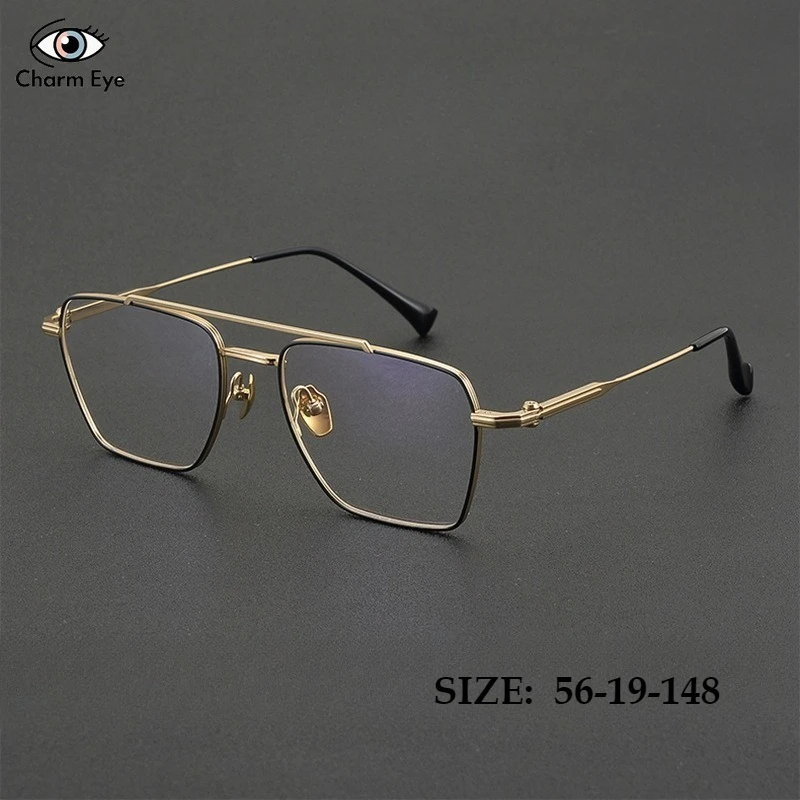 

New Pilot Double Beam Multilateral Square Pure Titanium Glasses Frame Men Big Face Support Customized Myopia Prescription Lenses