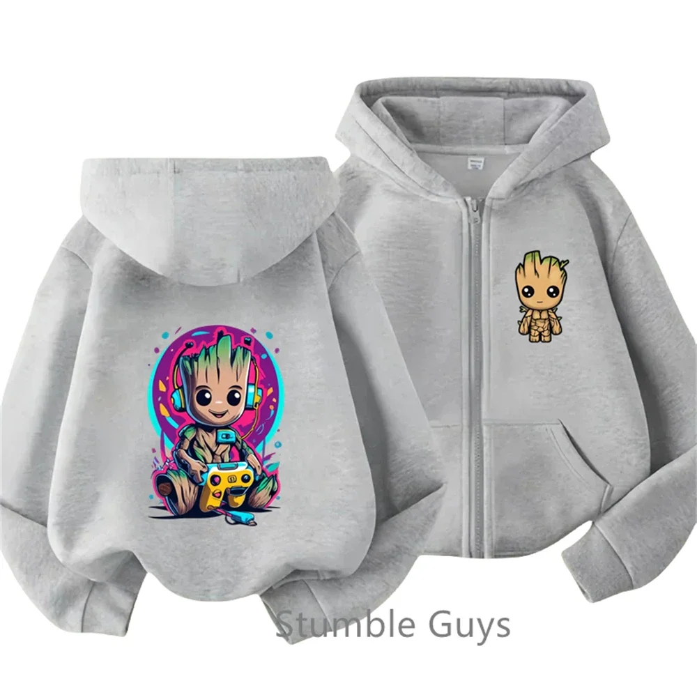 New Kawaii Groot Hoodie Kids Clothes Girls Clothing Fashion Baby Boys Clothes Autumn Warm Sport Zipper Sweatshirt Children Tops