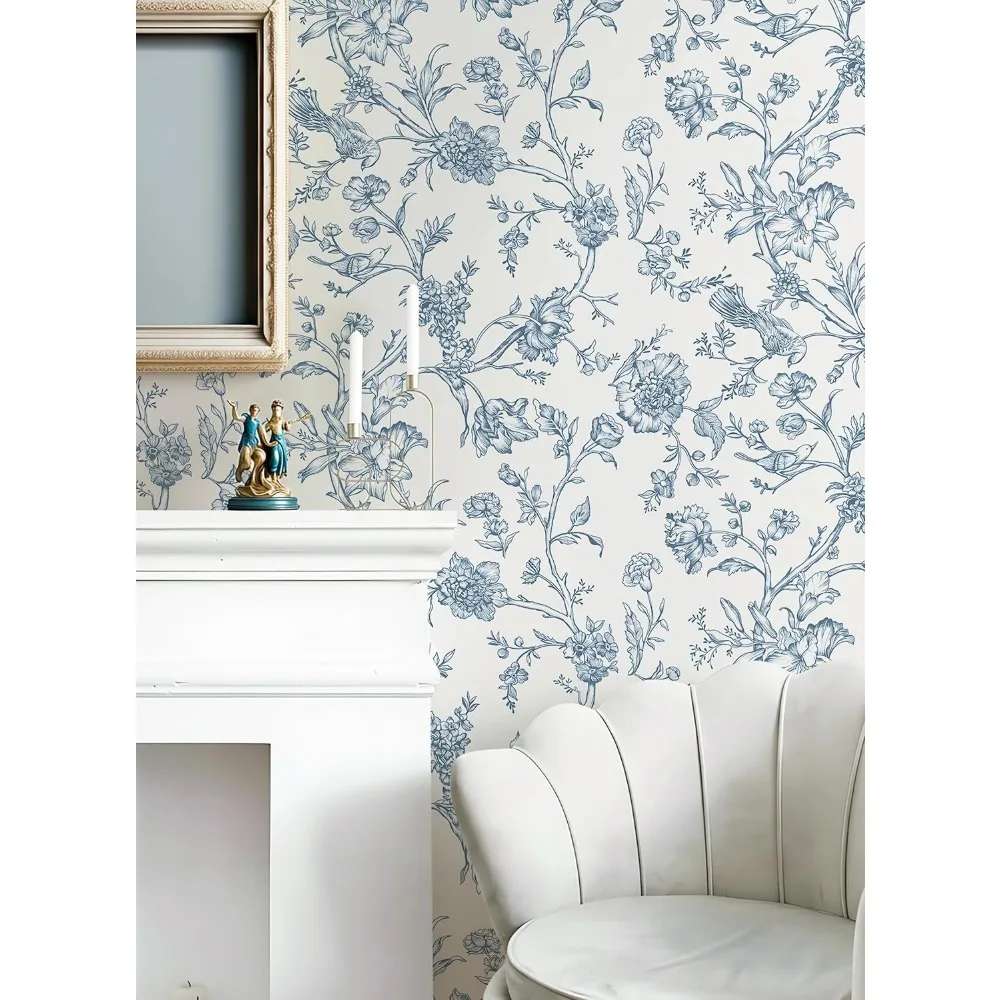 Papel de parede removível com pássaros florais, azul e branco, papel de contato autoadesivo para paredes