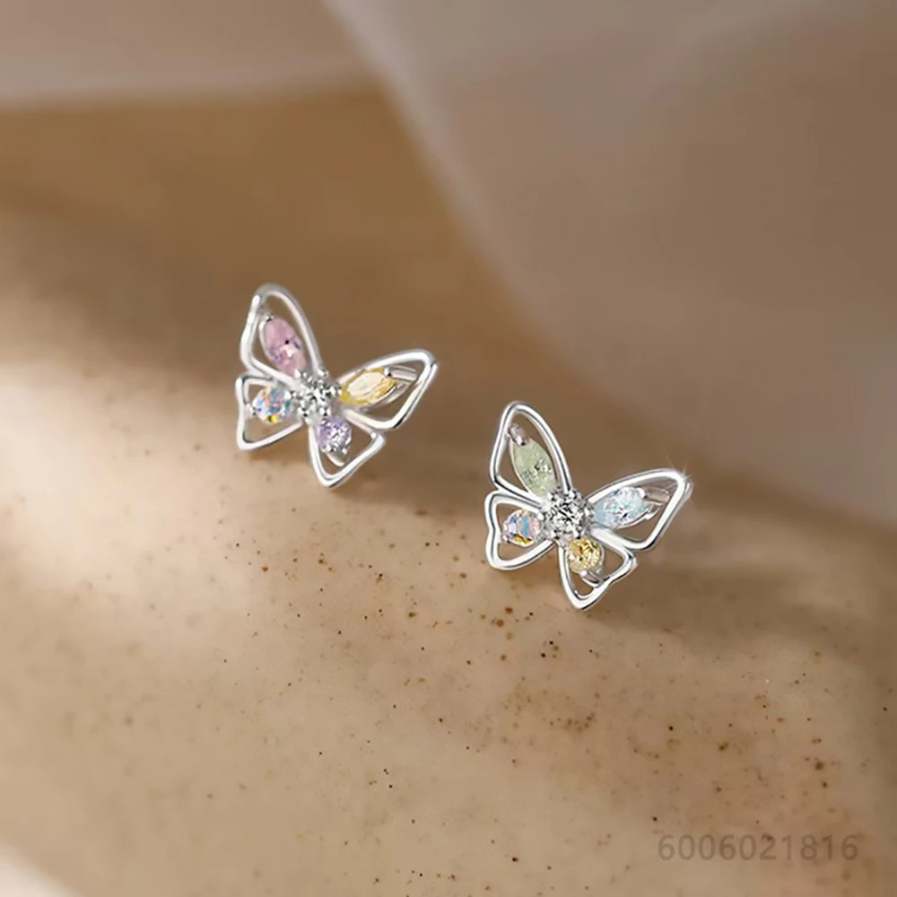 925 Sterling Silver Color Zircons Butterfly Stud Earrings For Women Fashion Jewelry Elegant Engagement Wedding Accessories