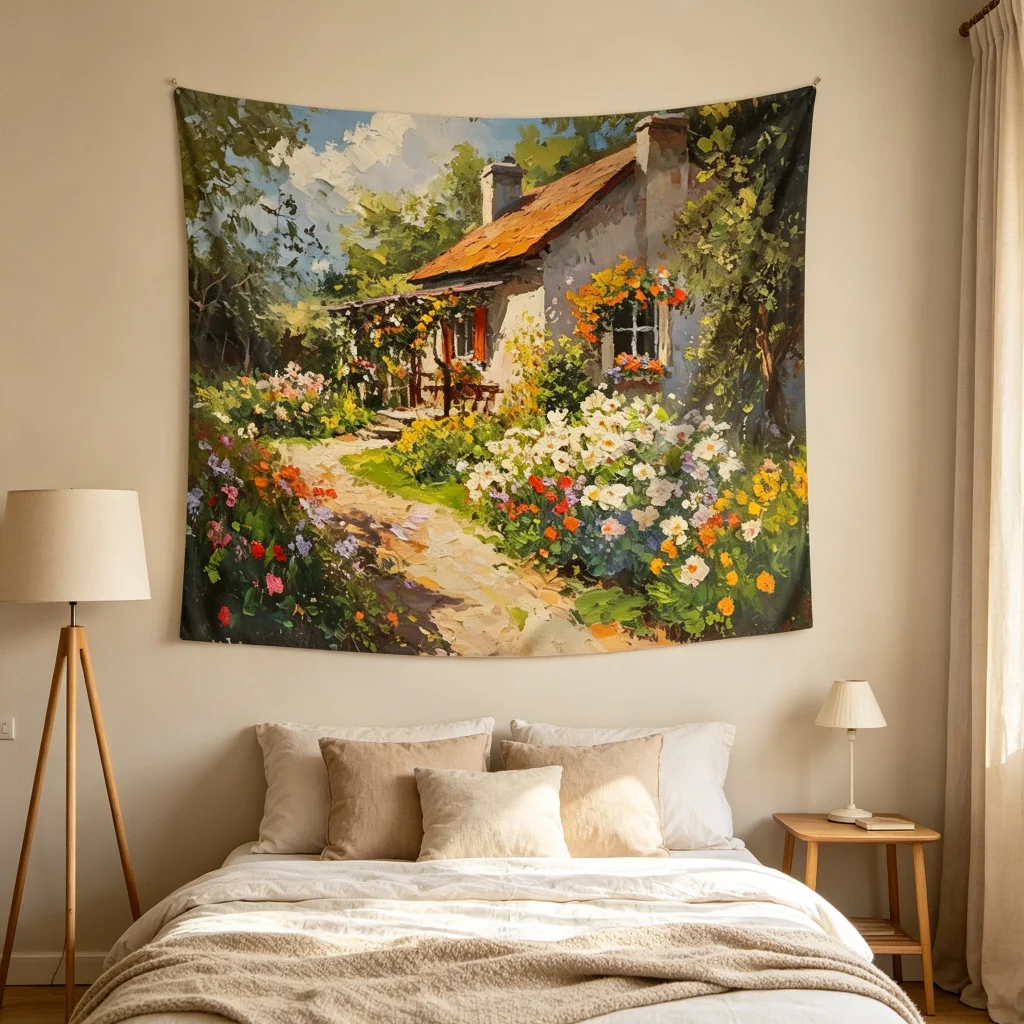 1PC Country Cottage Print Backdrop Banner, Bedroom Living Room Photo Background, Polyester Wall Hanging, Home Decor, Wall Art
