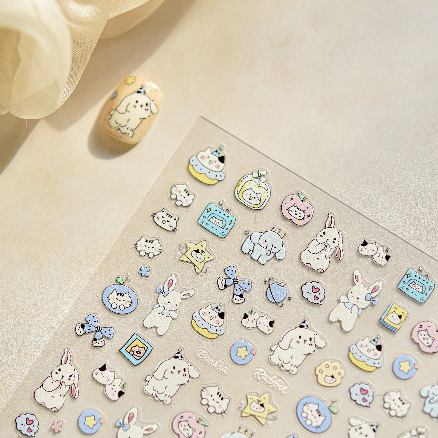 1 個 5D パステルかわいいウサギのネイルステッカー弓ディテールマニキュアアクセサリー自己粘着スイートデイリースタイリングガーリーステッカー