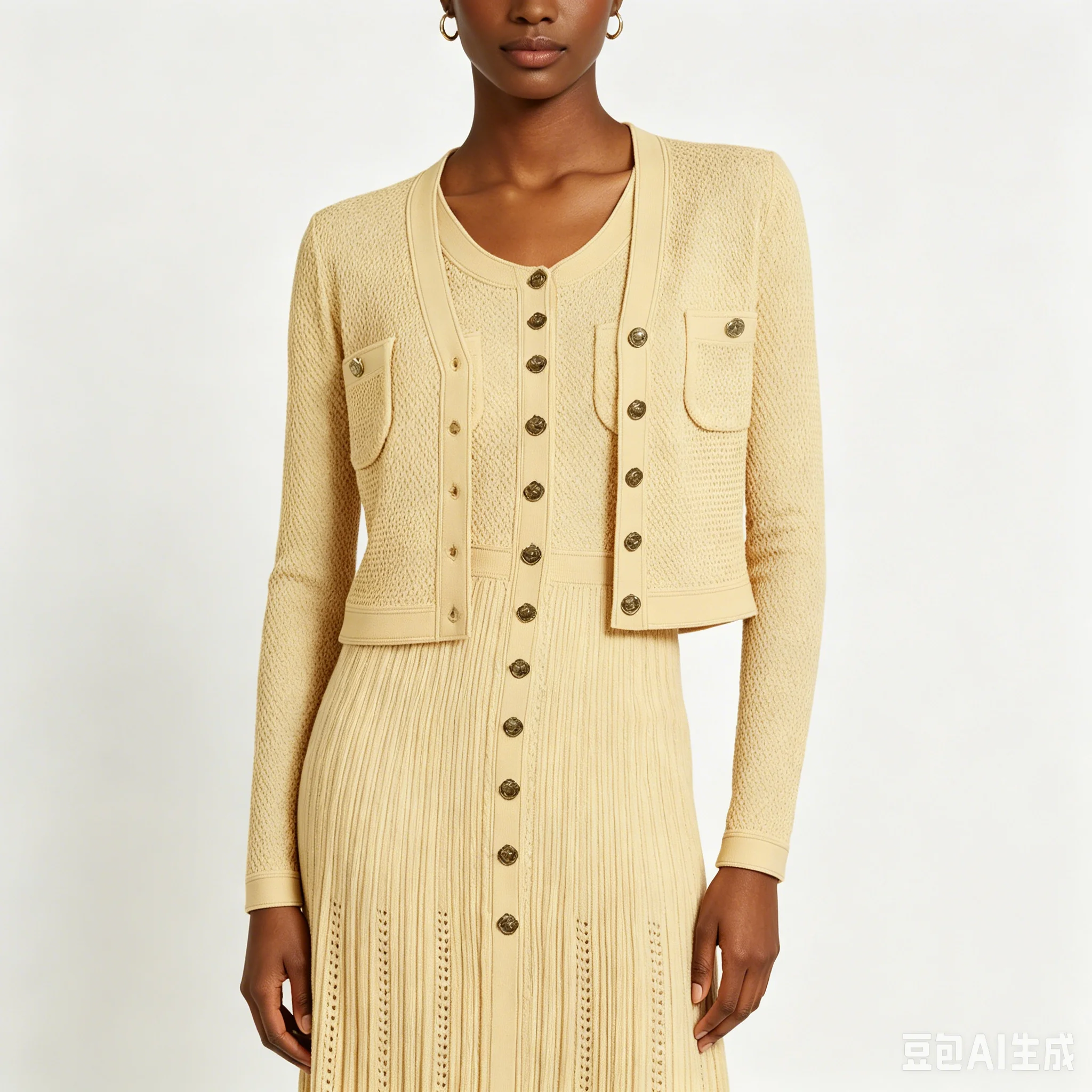 

Four Colors Of High-quality Summer New Knitted Slim Fit Pearl Button Long Sleeved Cardigan Sleeveless Dress Women's Set