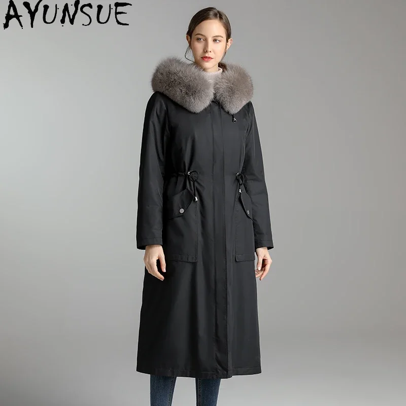 AYUNSUE, ropa de invierno para mujer, abrigo de piel 2020 Natural con Cuello de piel de zorro, Abrigo de Piel de Conejo Rex con capucha, Parkas largas cálidas para mujer 9117