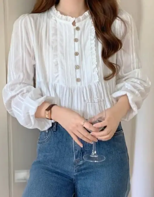 

2025 Autumn New Lace Patchwork Ruffle Design Collar Women's Fashionable Temperament Casual Cotton Linen Chiffon Shirt Top