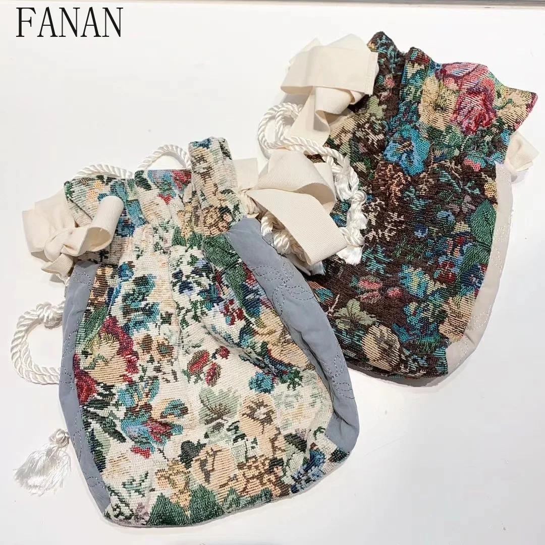 

Japanese Style 2025 New Summer Retro Flower Drawstring Women's Shoulder Bags Cute Vintage Casual Ladies Sweet Phone Bag