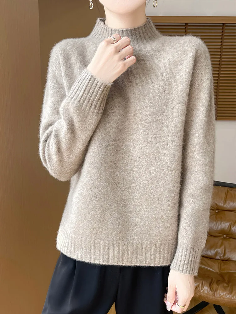 Chic Pure Color Basics Soft Women's Pullovers 100% Cashmere Knitted Casual Loose Mock Neck Sweater Warm Regular Fit Tops