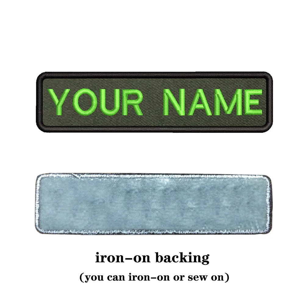 10 x 2,5 cm, Armeegrüner Hintergrund, Stickerei, individueller Name, Text-Patch, Streifen-Abzeichen, zum Aufbügeln oder Träger-Patches für Kleidung