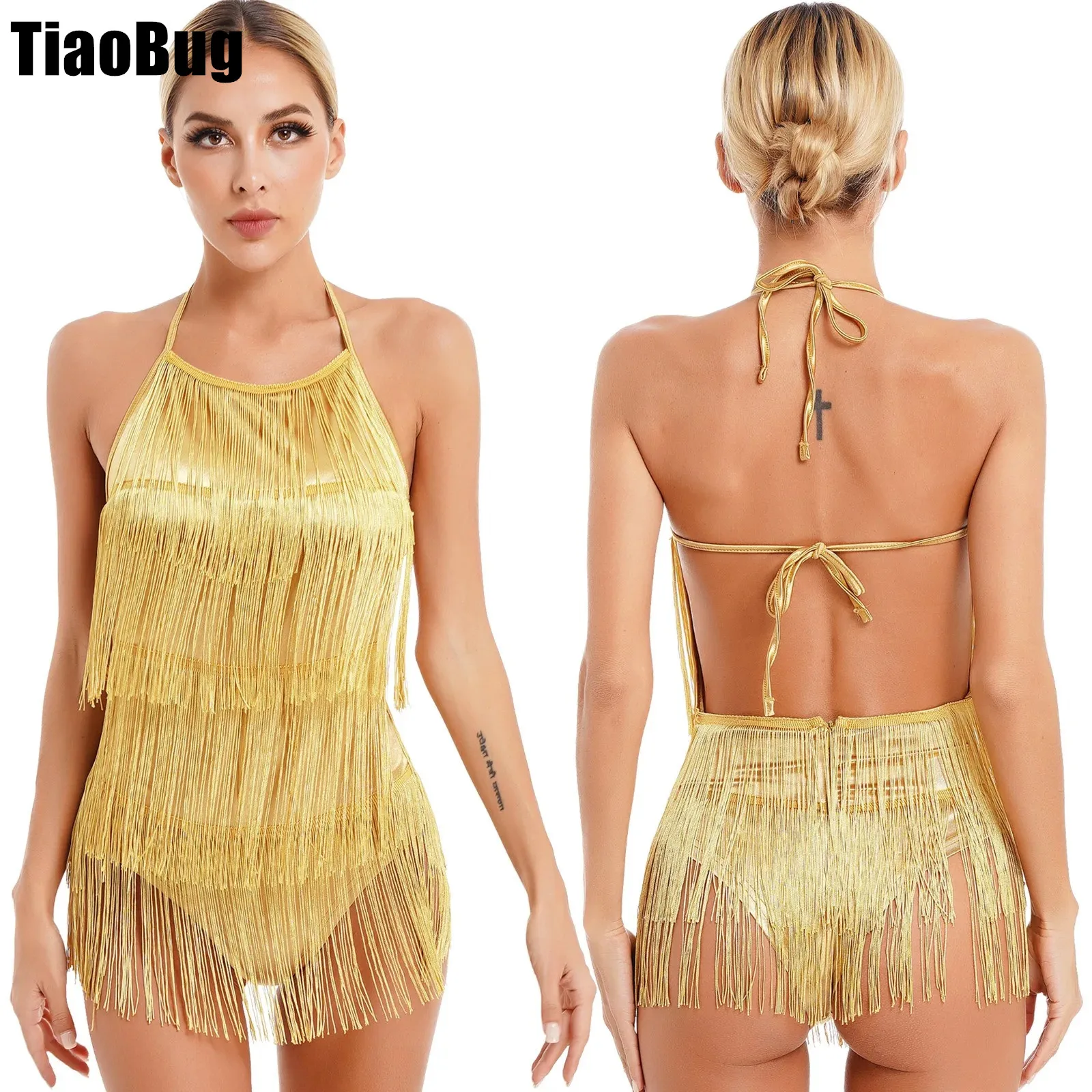 

Women Lace-up Halter Tassel Bodysuit Spaghetti Strap Backless Fringed Jumpsuit Dance Performance Costume