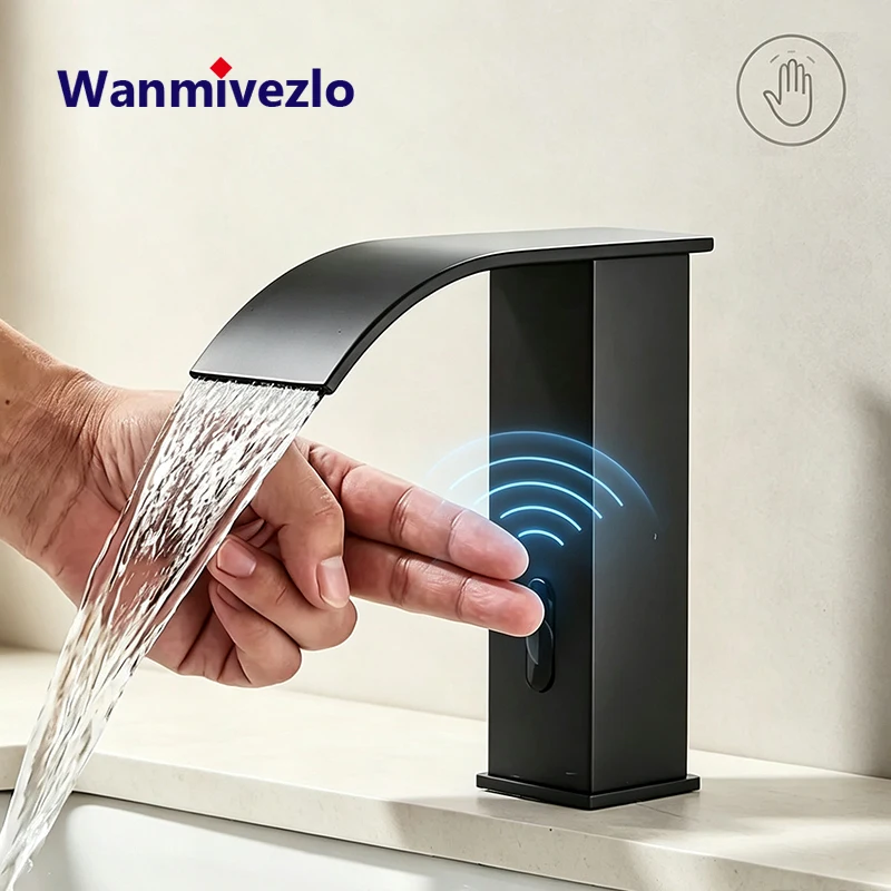 Robinet de lavabo moderne à effet cascade, sans contact, avec capteur de mouvement mains libres, robinet de lavabo à trou unique.