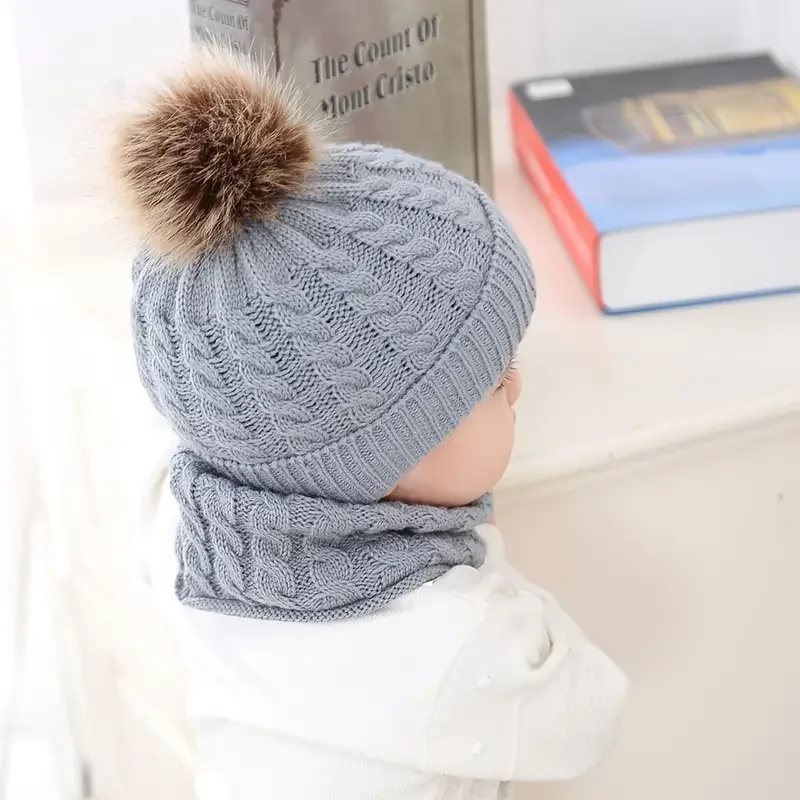 2pcs/set Children\'s Woolen Hat & Neck Scarf Set, Winter Solid Color Outdoor Cycling Thickened Warm Knitted Hat