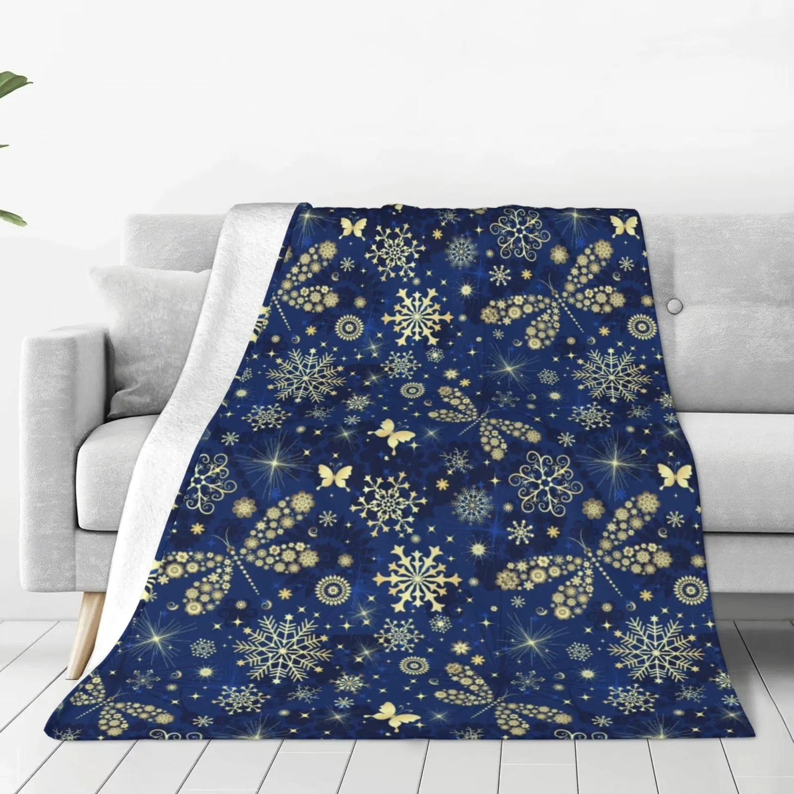 Gold Snowflake Dragonfly Print Plush Fleece Throw Blanket Sherpa Fluffy Sofa Couch Bed