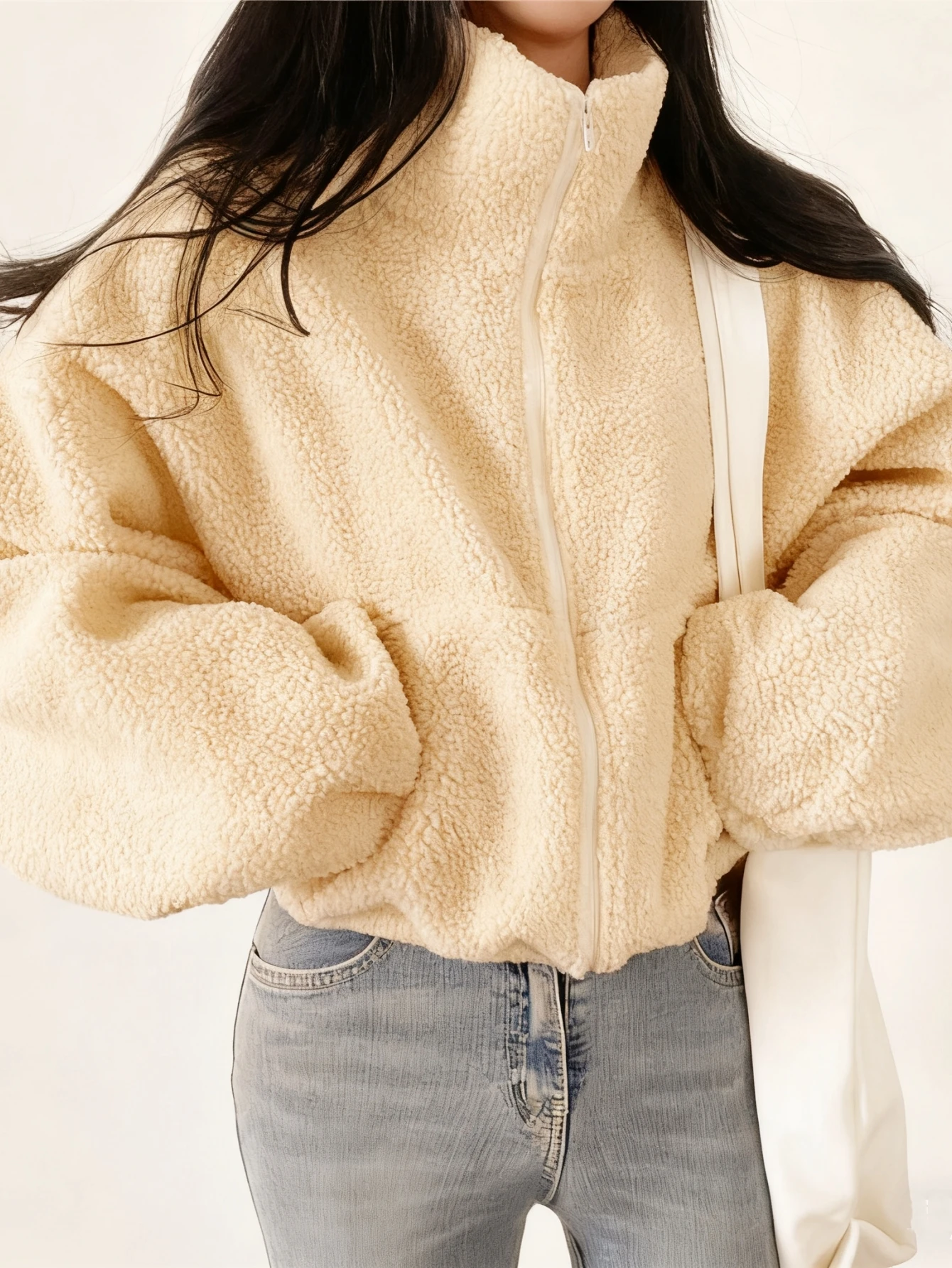 

Осенне-зимние женские элегантные короткие пальто из овечьей шерсти на молнии, однотонные шикарные куртки Тедди, повседневные свободные пальто с длинными рукавами, кардиган